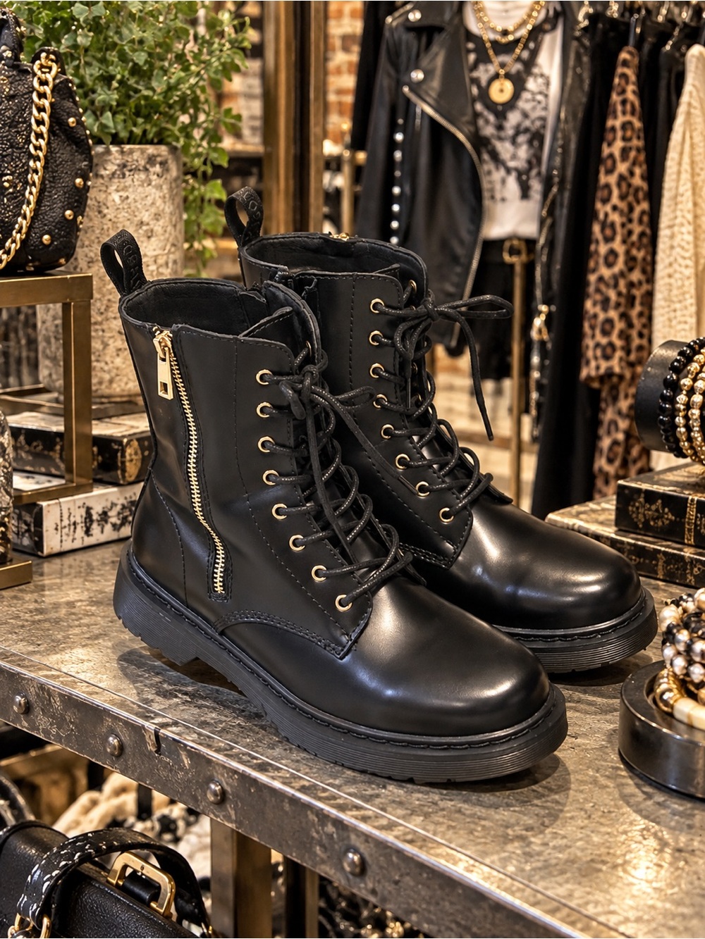 Global Win Black Lace-Up Combat Boots with Gold Side Zipper